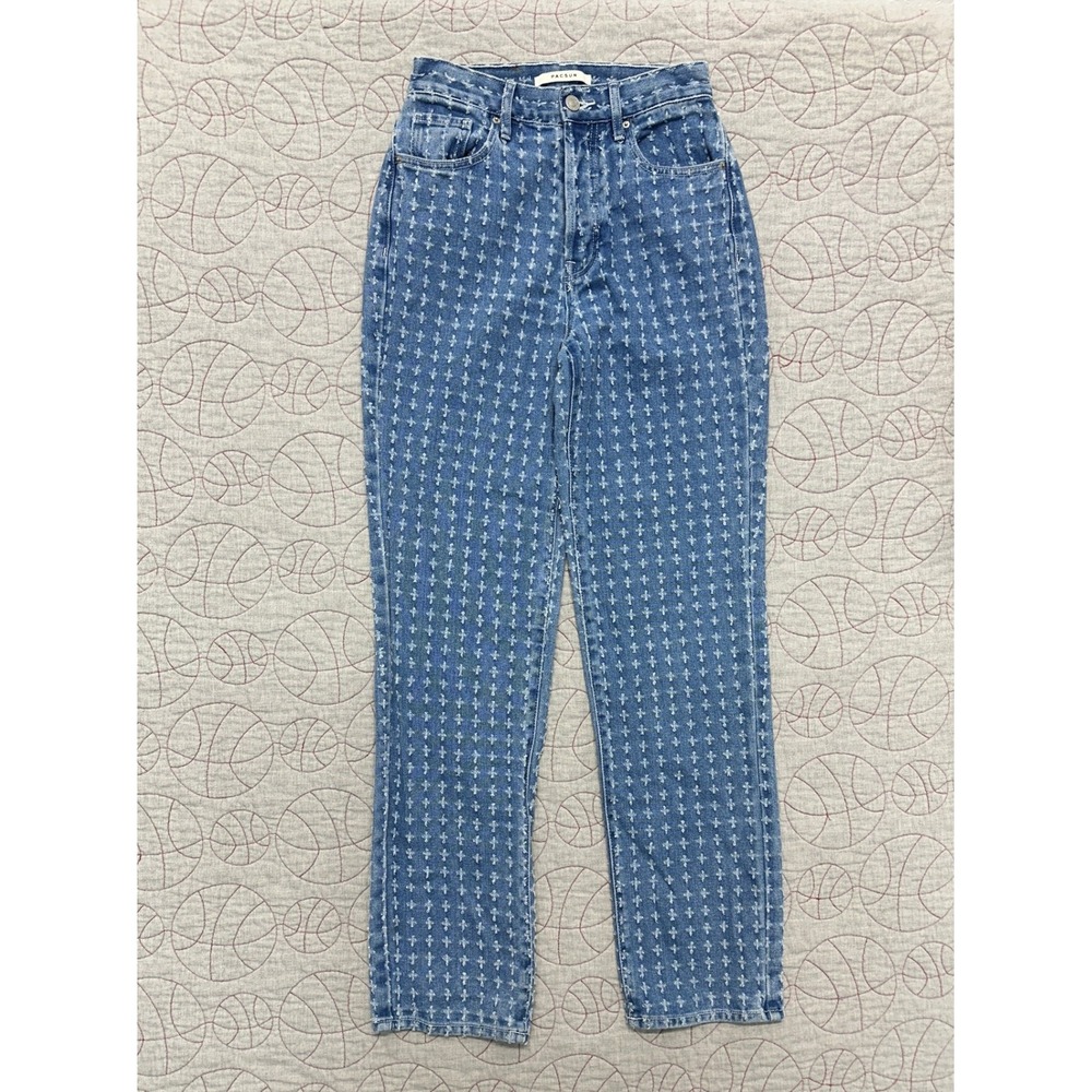 PacSun Dad Jean Blue Allover Cross Embroidered Distressed / Women's 24